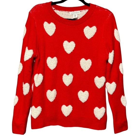 Cupcakes & Cashmere Chunky Textured Fuzzy Heart Red and White Sweater Medium - Picture 1 of 10